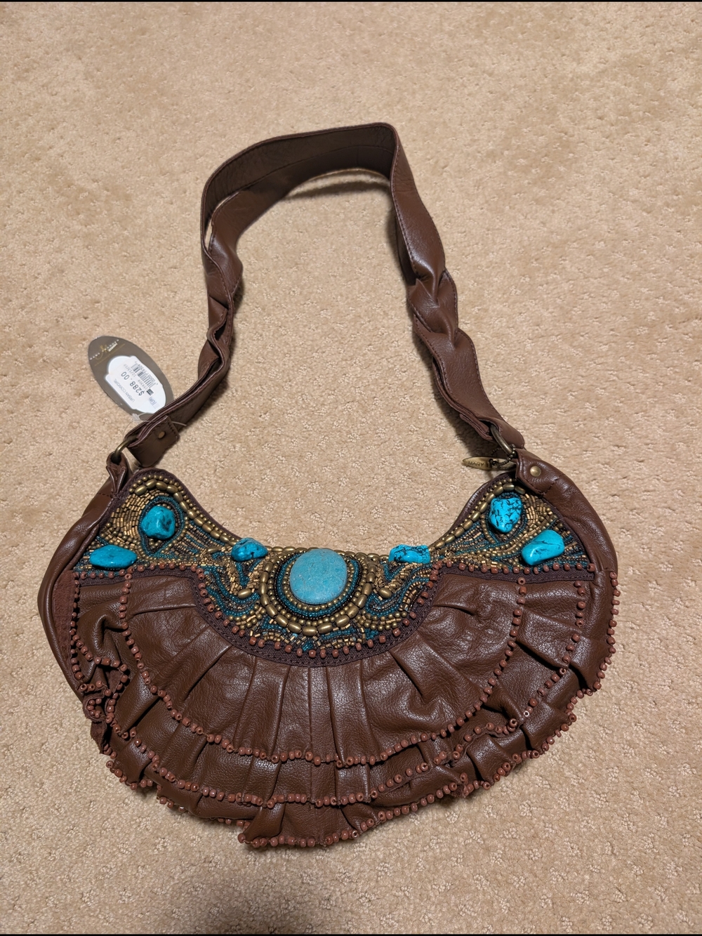 Mary Frances Brown Shoulder Bag with Turquoise Bead Accents